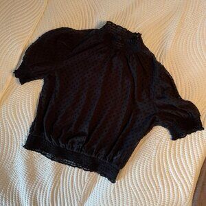 Black Sheer Blouse with polka dot texture, mock neck, and cute puff sleeves🍸🖤